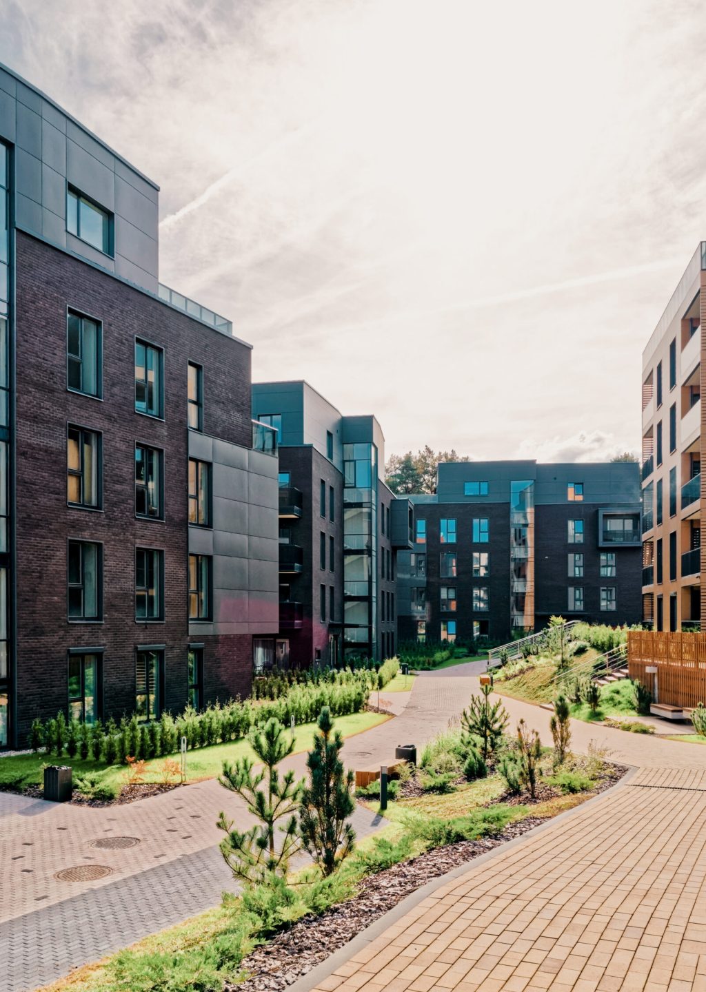 EU Modern european architecture of apartment residential building quarter. And outdoor facilities.